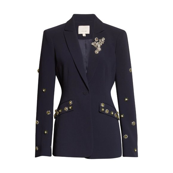 Cinq à Sept Cheyenne Blazer Jacket Rhinestone Flower Embellishments in Navy Sz 4 - Picture 2 of 11